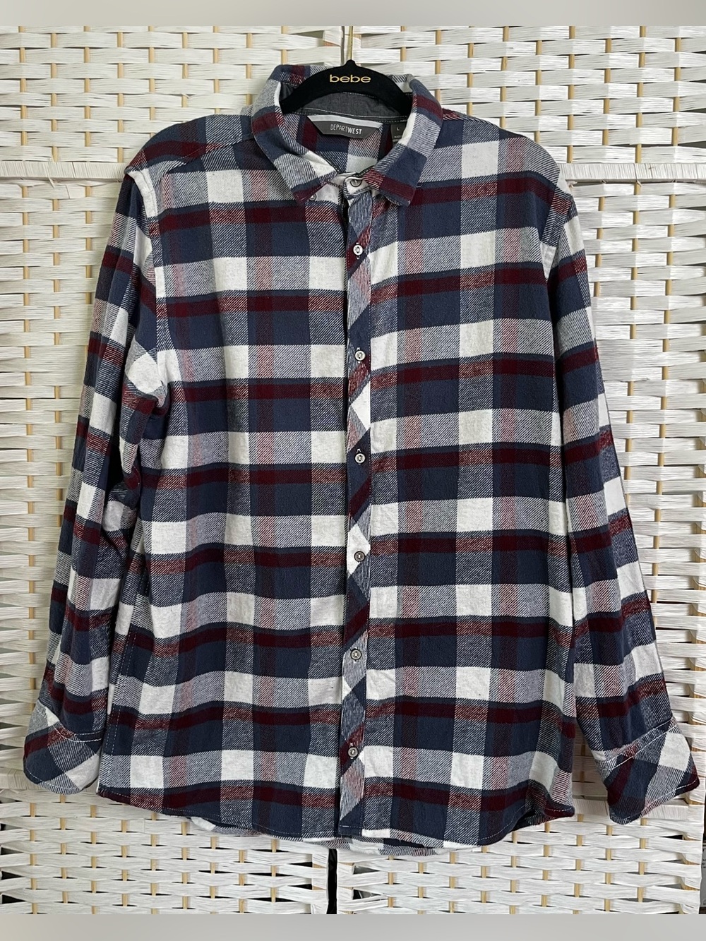 Departwest Plaid Flannel Button Down Shirt Navy Red White Cotton Large
